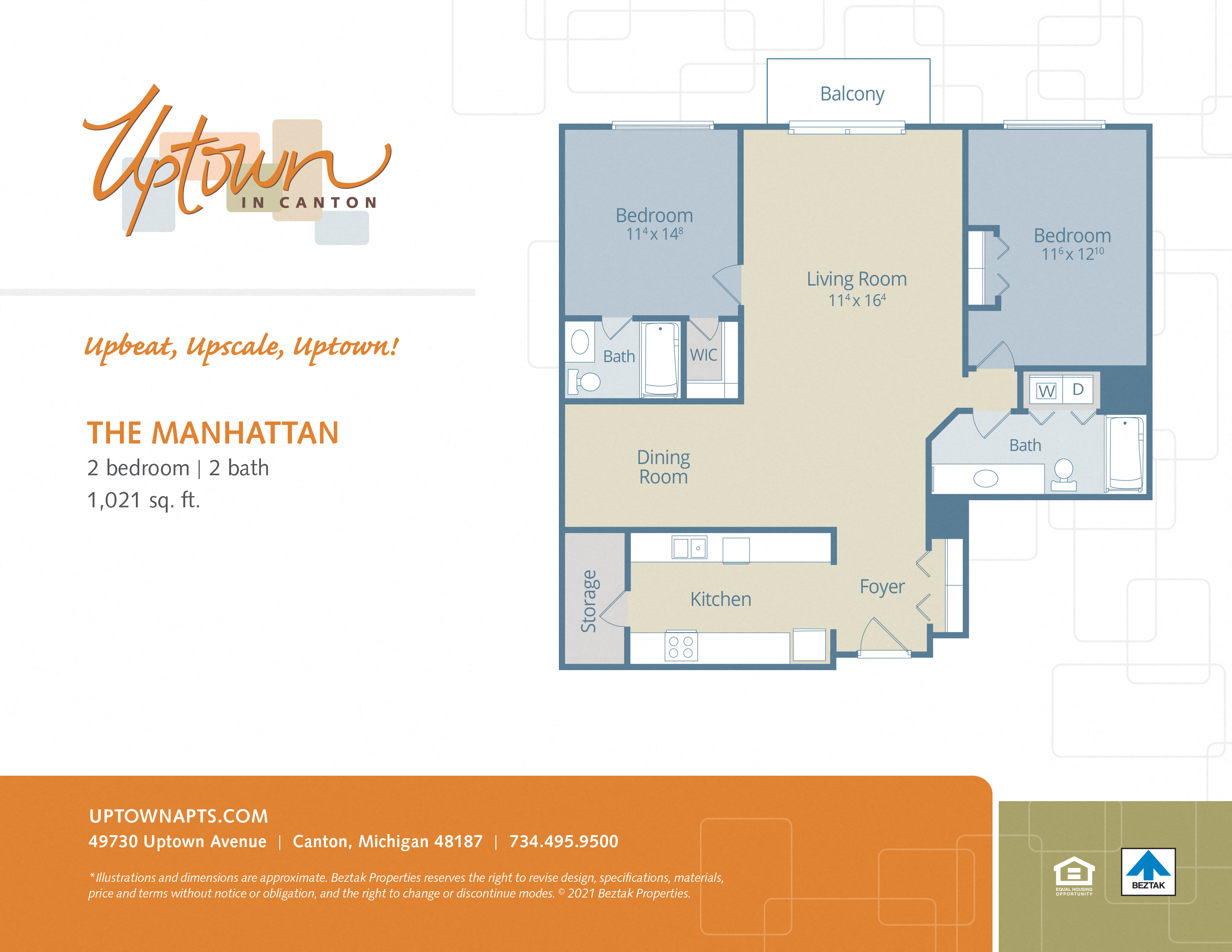 Floor plan for 2 beds, 2 baths, 1021 sqft